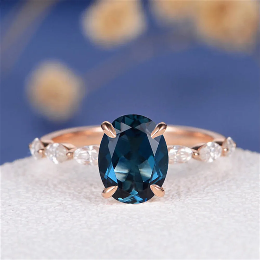 Dark Blue Stone Rings for Women Wedding Engagement Gift Rose Gold