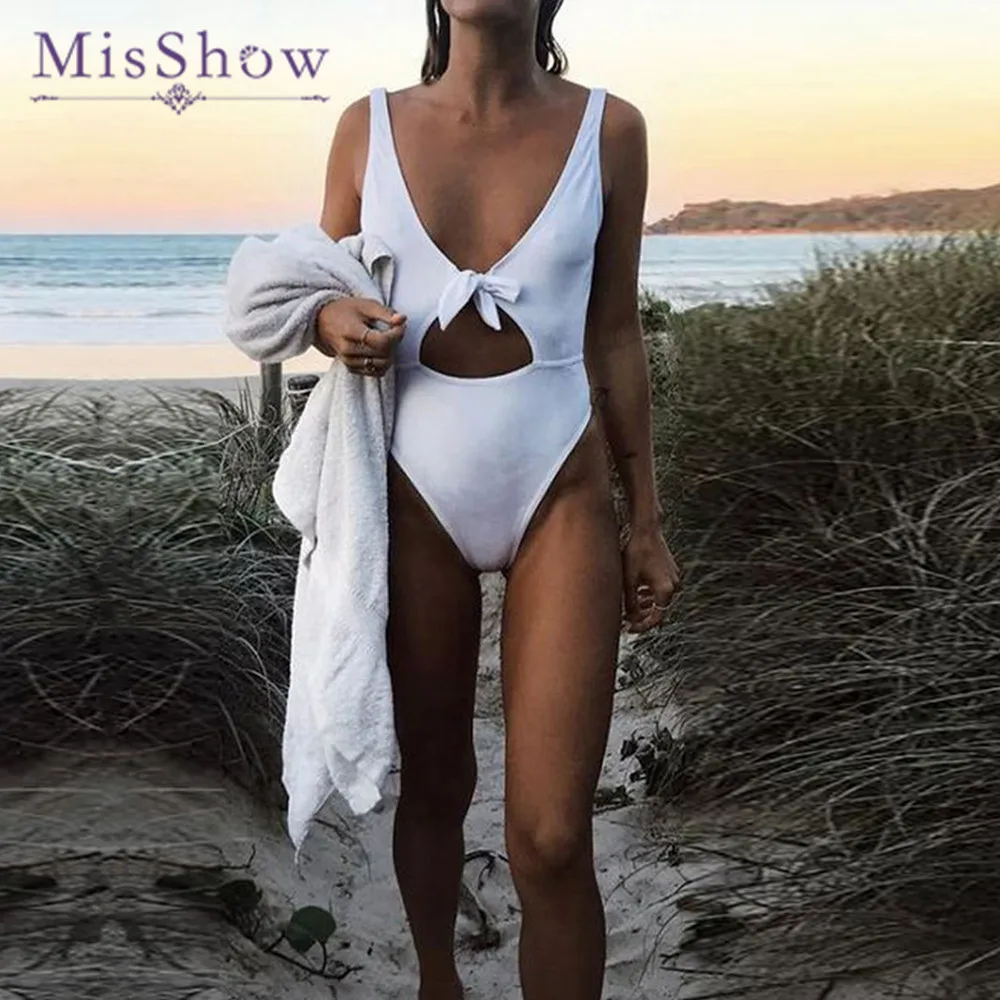 2018 One Piece Swimsuit Sexy High Cut Women Swimsuit Backless Hollow Out Monokini Bathing Suit Front Knot Beachwear Bodysuit hollow out bodysuit