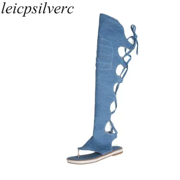 

Women Sandals Flat Beach Shoes Denim Clip Toe Lace Up Knee High Gladiator Summer Boots 2018 Sexy Fashion Casual Black Blue Beige