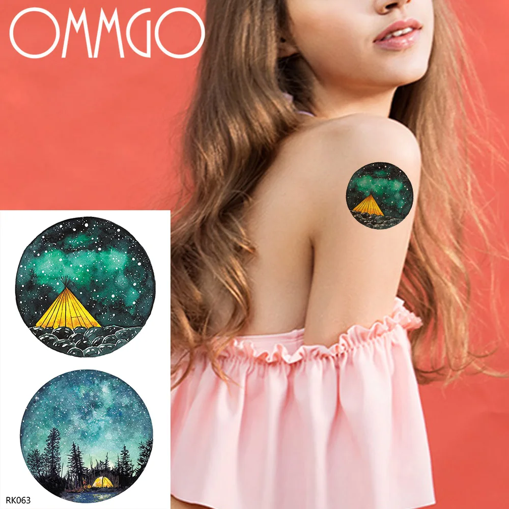 

OMMGO Geometric Round Camping Galaxy Temporary Tattoos Sticker Forest Pine Tree Fake Tatoos Flash Custom Tattoo Body Art Deco
