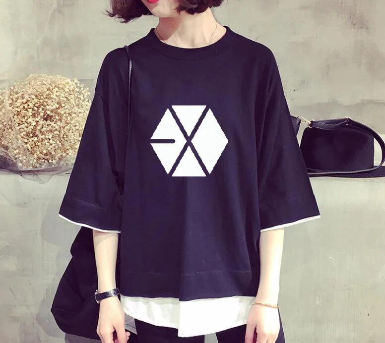 Kpop EXO свободная футболка Женская Корейская двойная летняя хлопковая Футболка