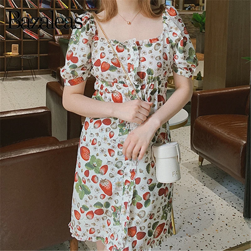 

Bazaleas Vintage Puff Sleeve vestido Chic White strawberries Print women mini dress Summer Dress party dress drop ship