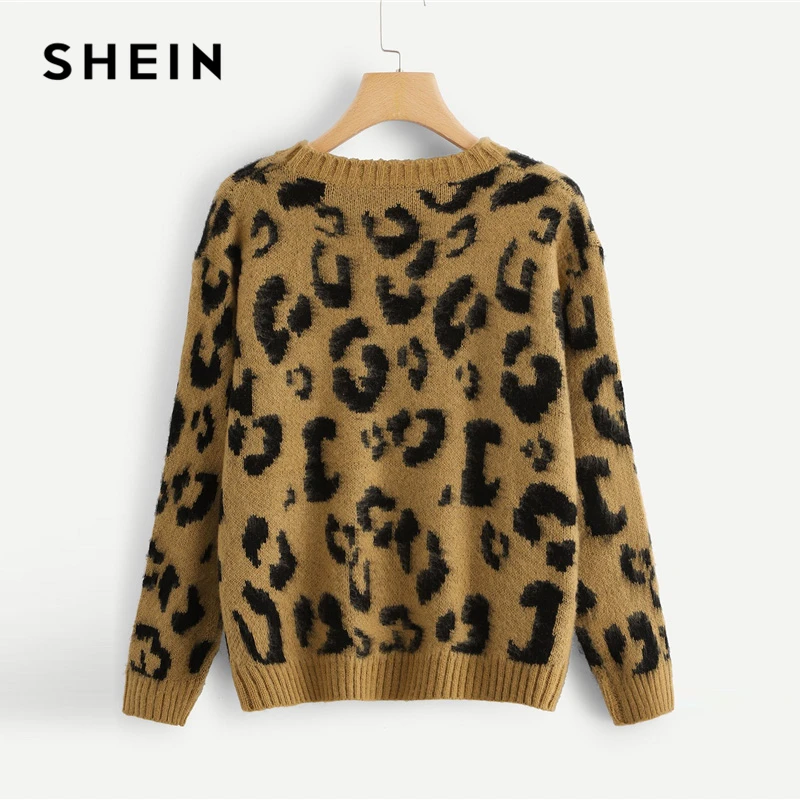 SHEIN Свитер С Леопардовым Принтом И Длинным Рукавом, Джемпер С Животным Принтом И Круглым Вырезом