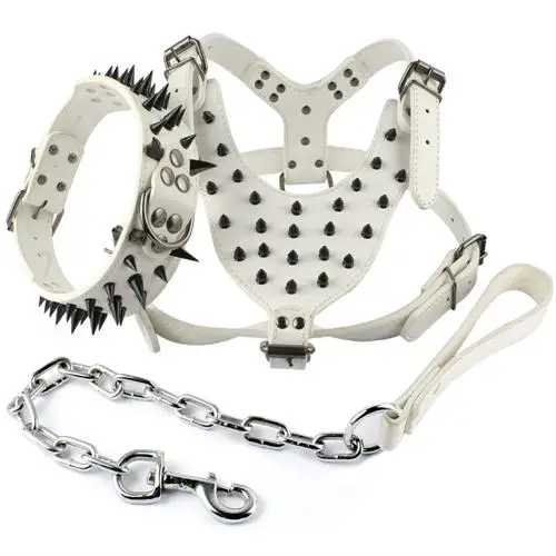 

Cool Spiked Studded Leather Dog Harness Rivets Collar and Leash Set For Medium Large Dogs Pitbull Bulldog Bull Terrier 26"-34