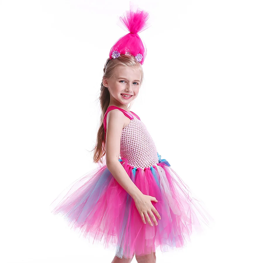 Girls Troll Poppy Tutu Dress Kids Halloween Pink Tulle Costume (8)
