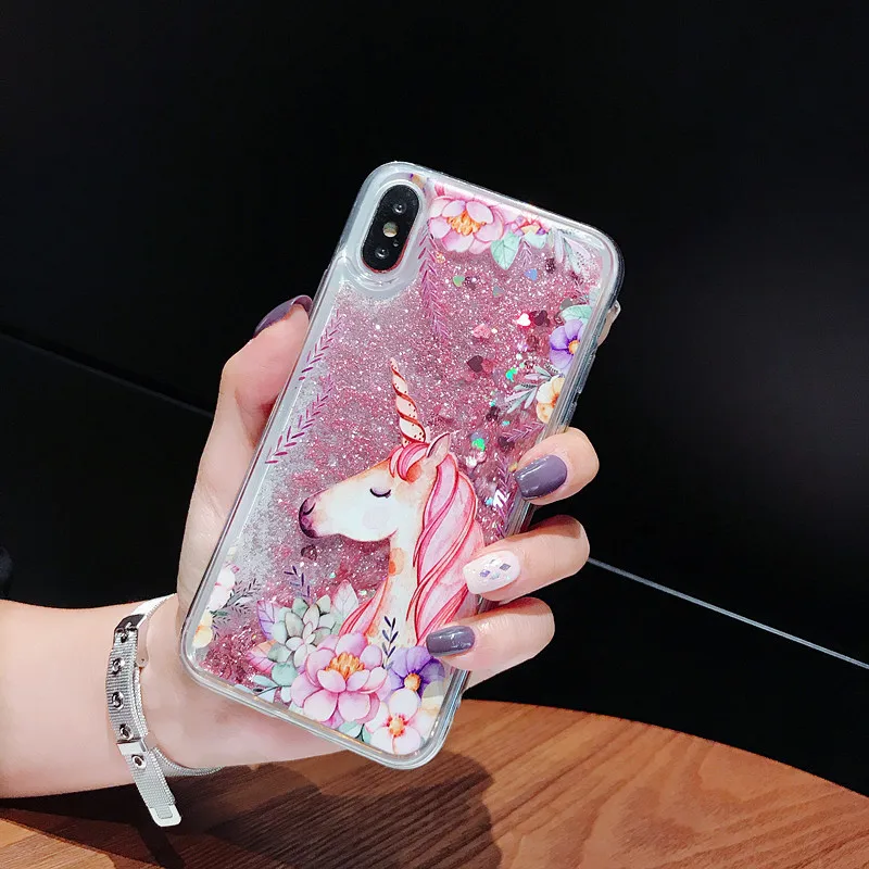 Розовый Единорог цветок сыпучий песок с блестками силиконовый чехол для телефона Smart Mobile для iphone 7 8 6 S 5 SE Plus X XS XR Max Girl подарок
