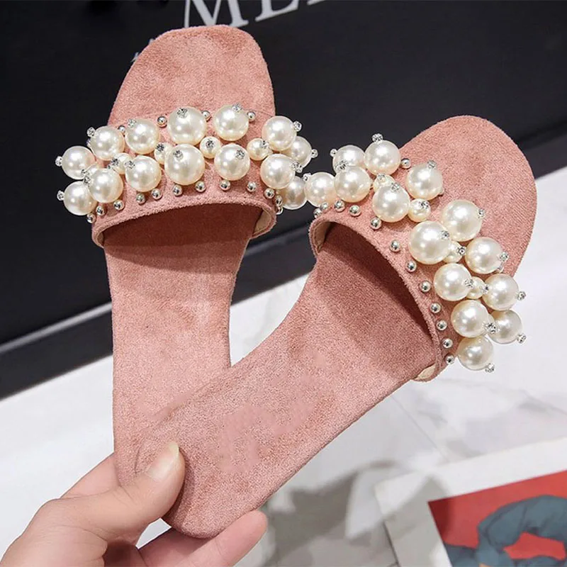Women Slippers Pearl Summer Sandals Flats String Bead Pink Fashion