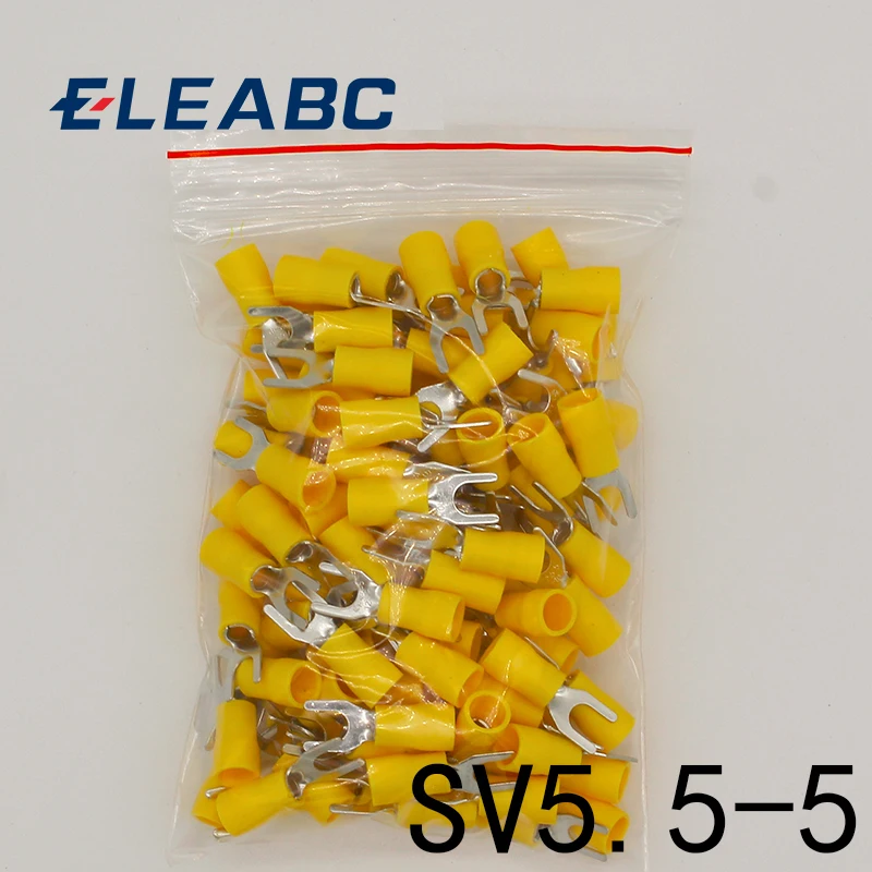 SV5.5-5 Yellow Furcate Terminal Cable Wire Connector 100PCS Fork Type Insulated Wiring Terminals for AWG 12-10 SV5-5 SV | Обустройство