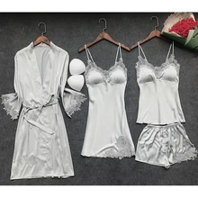 4 шт., женский халат и платье, комплекты, кружевной Халат+ Ночное платье, сексуальная одежда для сна на бретельках, Женский комплект для сна из искусственного шелка, женское белье