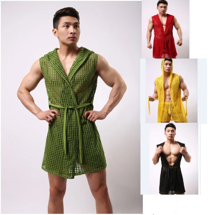 Новые мужские халаты модные сексуальные сетчатые халаты Мужской халат одежда для сна модная одежда 6 цветов Размер s/M/L