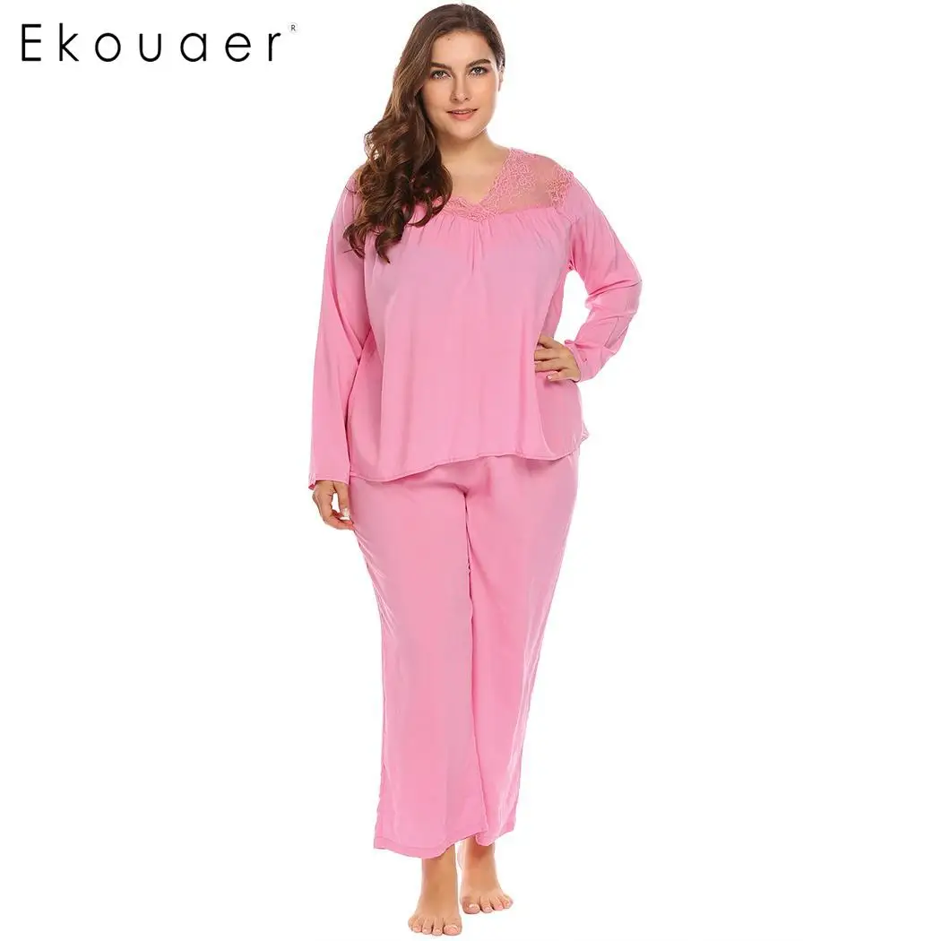 

Ekouaer Plus Size Pajama Set Women Nightwear Clothes V-Neck Long Sleeve Lace Patchwork Tops Pajamas Suit Sleepwear XL-5XL
