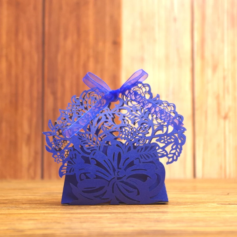 Вырезанные лазером бабочки Подарочная коробка складная Праздничная Свадебная коробочка для сладостей обручение ленты Комплект для рукоделия день рождения коробка - Цвет: Темно-синий