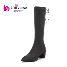 Женские сапоги до колена из эластичной ткани; цвет черный, серый; женские сапоги на высоком каблуке со шнуровкой; G414