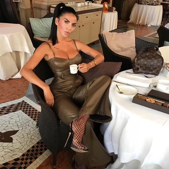 

Fashion Army Green Tight PU Leather Jumpsuit High Quality Women's Spring Spaghetti Belt Sexy Club Party Wide Leg Jumpsuit