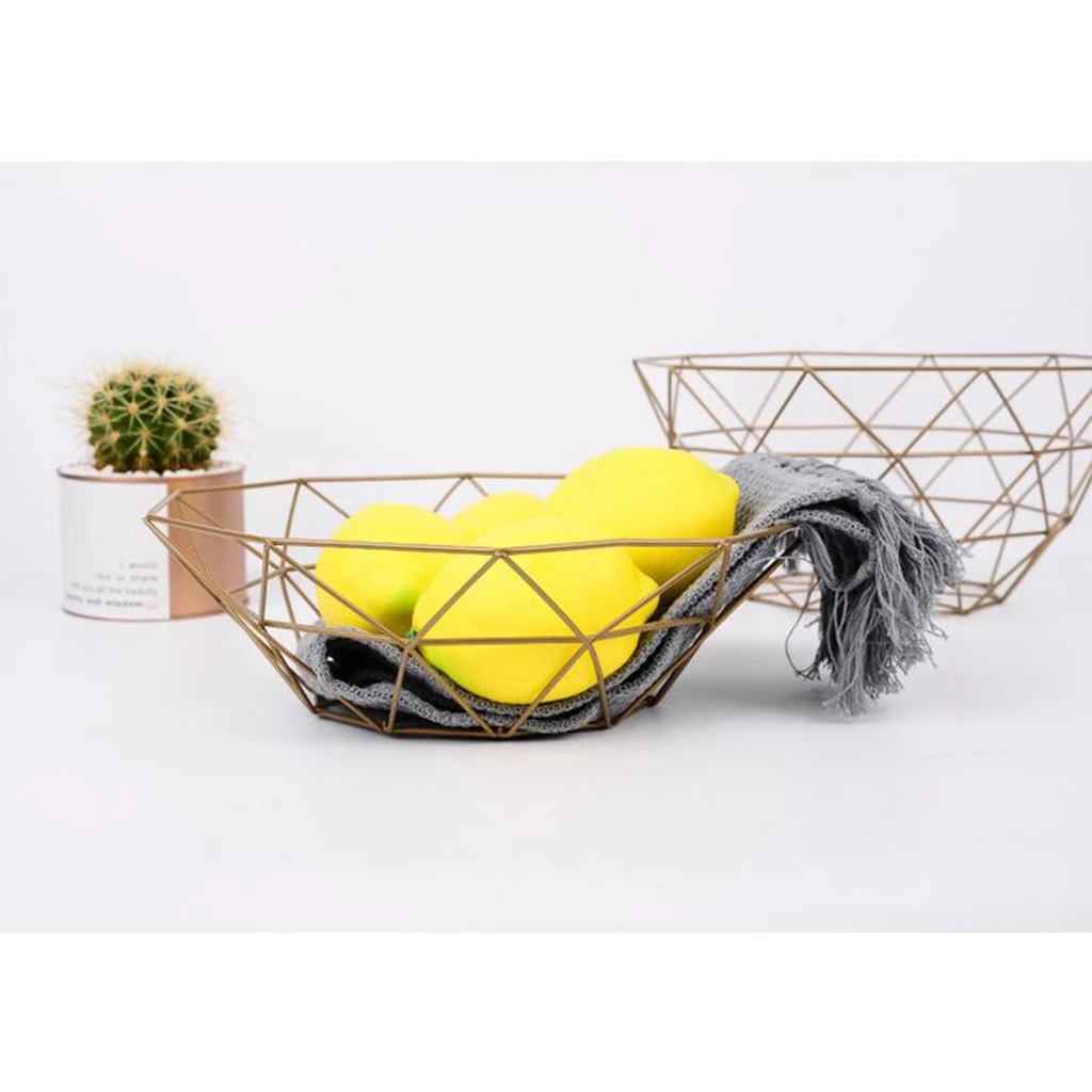Fruit Basket Rack Stand Holder Storage Chrome Metal Geometric Bowl Wire Decorative Storage Display for Living Room Home Office