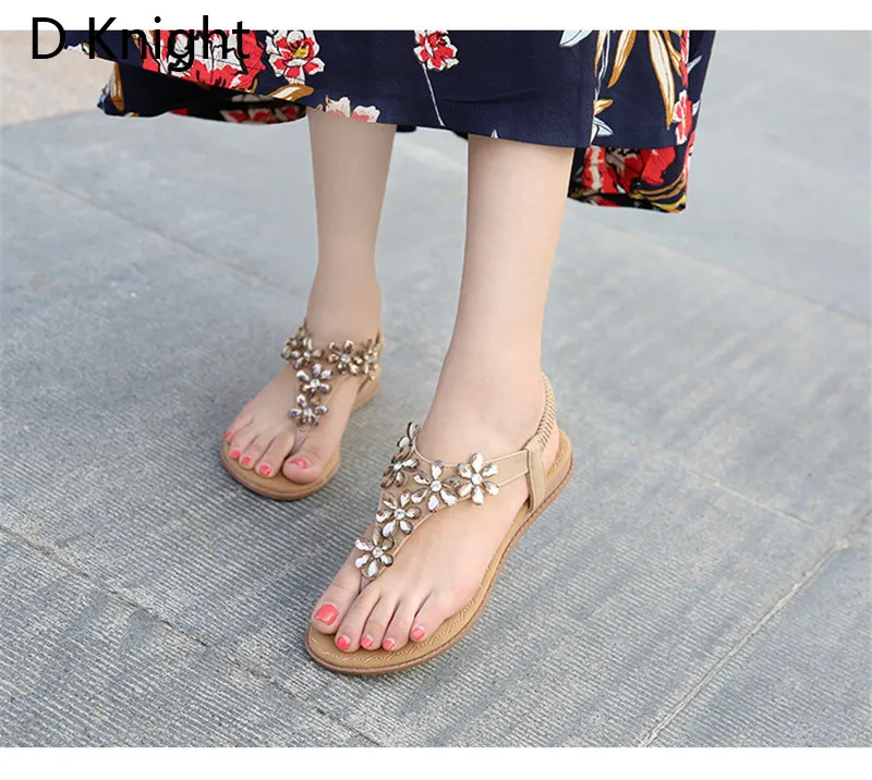  Women Bohemian Crystal Sandals Flat Heel Summer Woman Thong Sandals Flip Flops Comfort Black Lady Shoes Sandal Plus Size 35-42 (13)