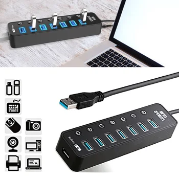 

Elisona 7-Port High Speed USB 3.0 Hub Charger with Individual Power Switches and DC Power Supply Adapter for PC Laptop Computer