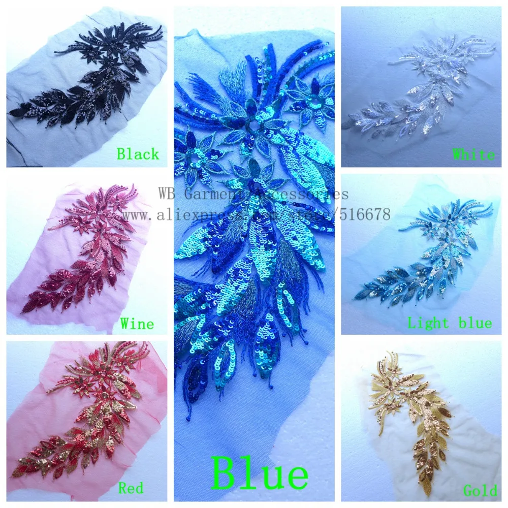 

5pieces/lot 16*7 inches clothes applique patches 7colors 3d flowers with sequin on tulle diy sew-on dress accessories