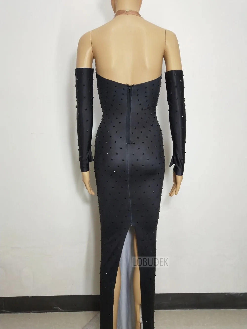 Negro completo diamantes de imitación del paquete de la cadera vestido fiesta de una pieza vestido de discoteca DJ cantante anfitrión rendimiento traje - 5