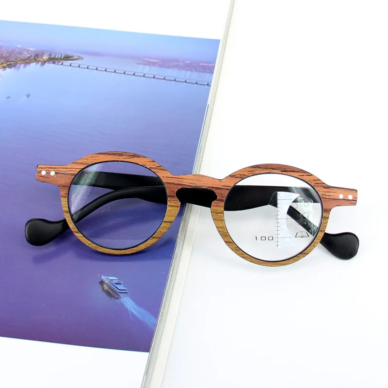 Men Reading Eyeglasses Wood Grain Frame Progressive Glasses Multifocal For Far And Near Sight