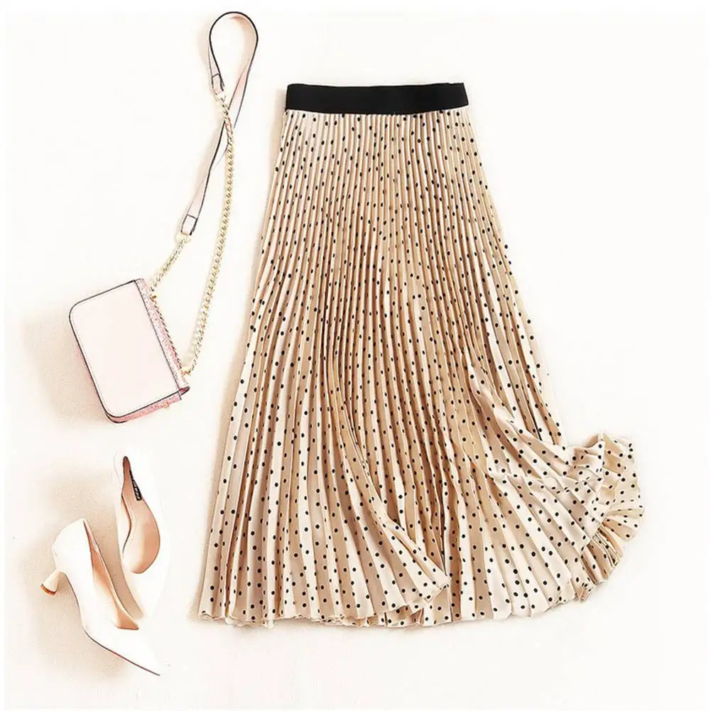 

New Black White Dots Pleated Skirt Women Elastic High Waist Summer Long Skirts Fashion Summer All-match Female's Bottoms 2019