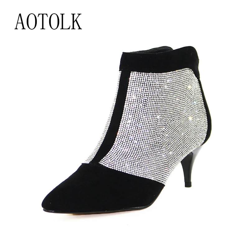 

Ankle Women Boots Winter Shoes Warm Plus Size Rhinestones High Heels Shoes Woman Zip Pointed Toe Sexy Short Boots For Females DE