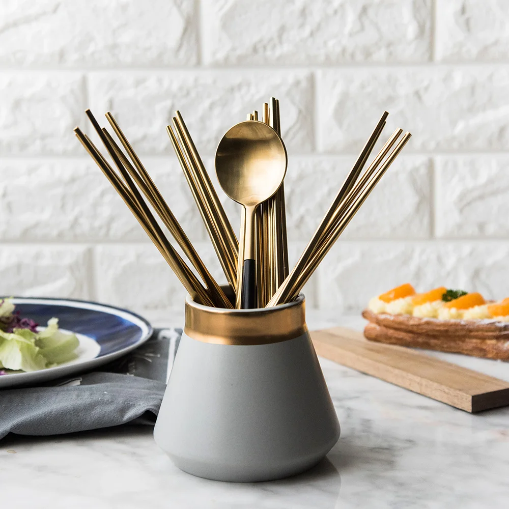 Luxury Medical Grade 18 10 Stainless Steel Black Plated Gold Silver Tableware Chopstick Spoon Set Square