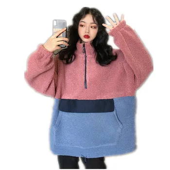 

Fashion Patchwork Women Winter Hoodies 2018 Lambswool Oversize Women Sweatshirts Long Sleeve Turtleneck Warm Hoodies MujerCQ2820