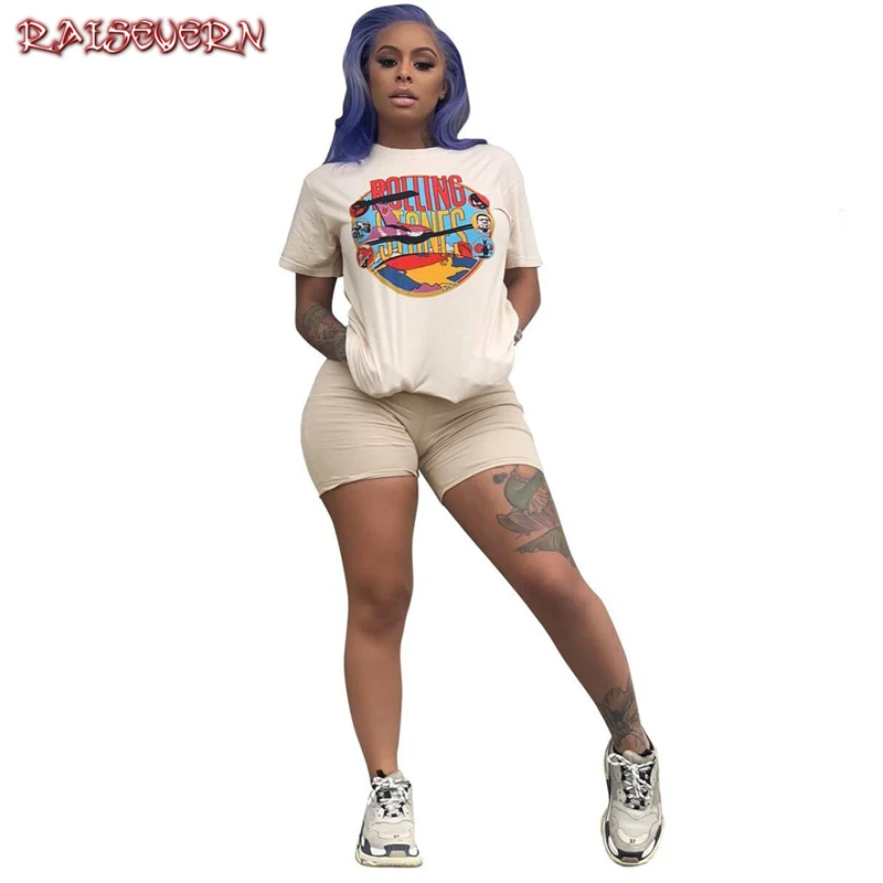 

RAISEVERN Women Letters Print 2 Piece Sets Summer Short Sleeve Top And Shorts Set Track Suit Casual Two Pieces Outfits Tracksuit