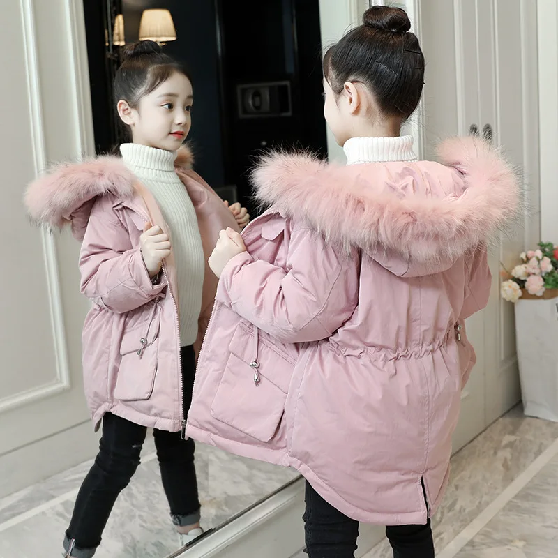 Парки для девочек зимнее модное хлопковое однотонное пальто бежевого и розового цвета для девочек верхняя одежда на молнии с капюшоном для девочек Одежда для детей 4, 6, 8, 10, 12 лет