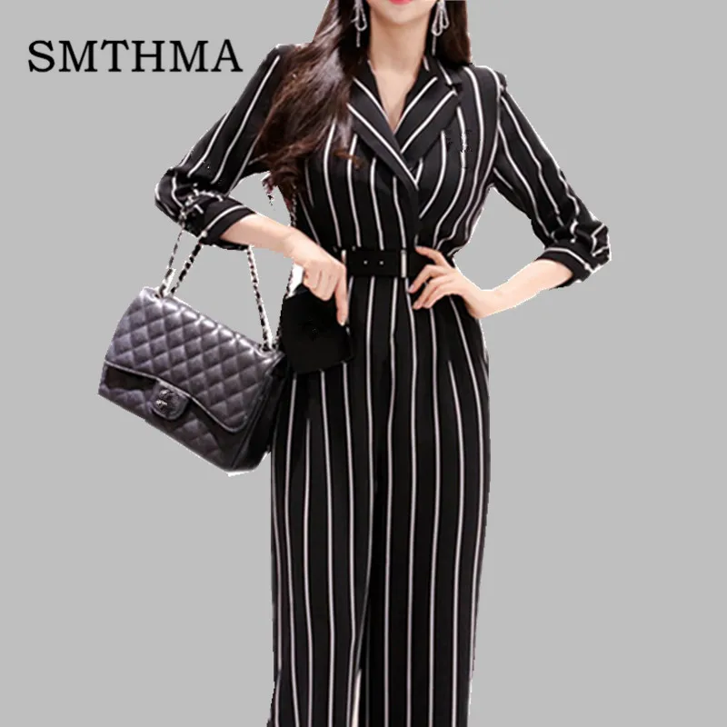 

SMTHMA Office Ladies stripe Women Jumpsuit Notched Elegant Summer Jumpsuits Slim Waist Long Playsuit 2019