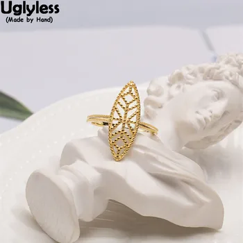 

Uglyless Real 925 Sterling Silver Oval Open Rings Women Hollow Exotic Egypt Rugby-shaped Finger Rings Gold Exaggerated Jewelry