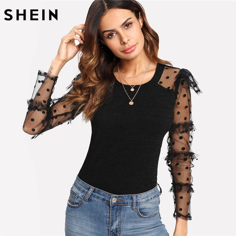 Buy SHEIN Black Slim T shirt Women Long Sleeve Elegant