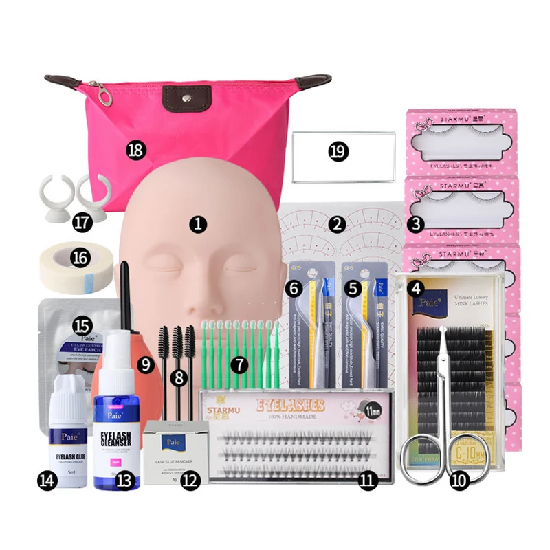 

Pro Training Eyelashes kit False Eyelash Extension Grafting Practice Curl Glue Tweezer Tools Set Bag For Eye Lash Graft bag