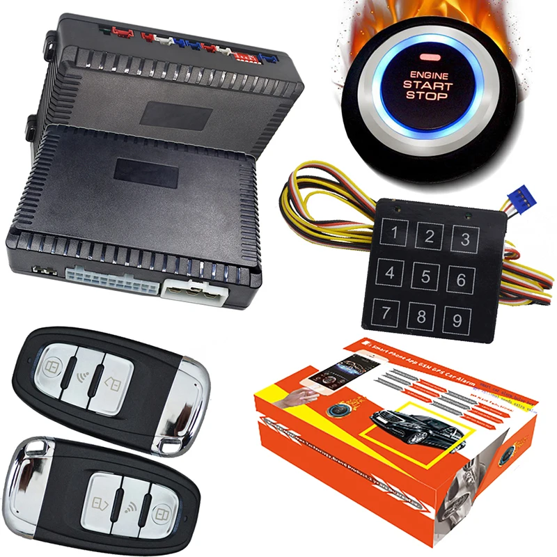 automotive car security alarm system with engine start stop button smart key anti theft window