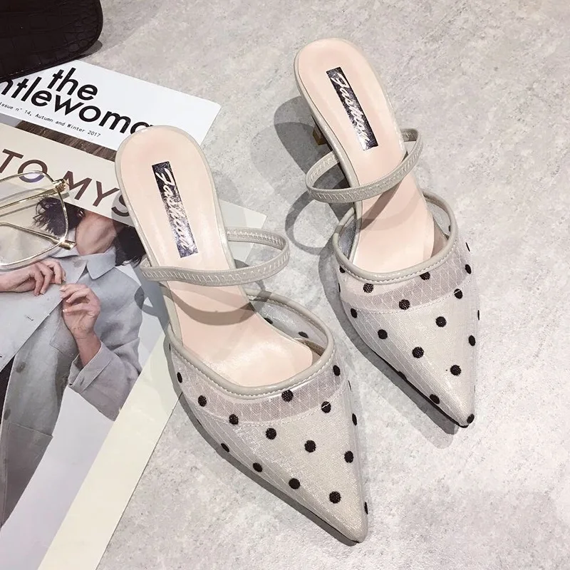 

Fashion 2019 Summer Mesh Breathable outdoor pointed toe slides Woman Lady Summer high heels Slippers klapki damskie na lato