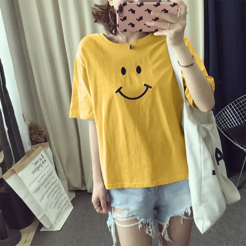 

Harajuku Style Smile Face Print Funny T Shirt Women Cotton Top Tee White Pink Black Yellow T Shirt Camiseta Loose Female Tees