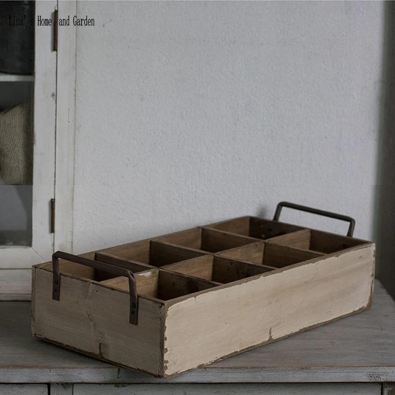

handmade 8 equal space vintage wooden storage crates with side metal handles