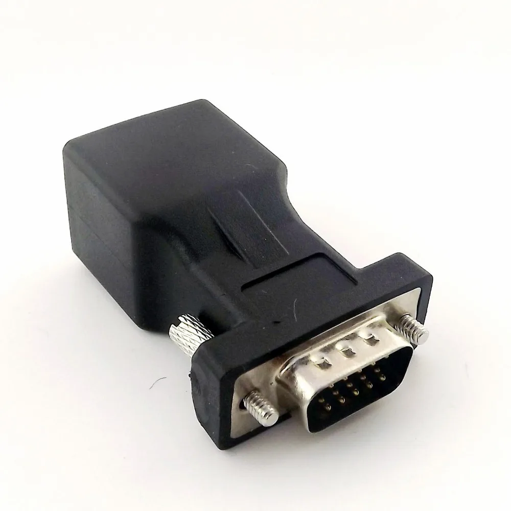 

1pc RJ45 Female to DB15 Serial VGA Male Network Converter Extender Adapter Connector Cable Black