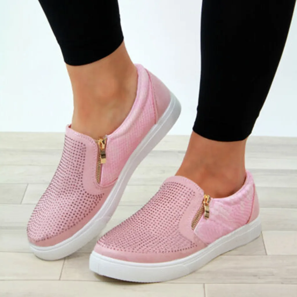 

2019 New Womens Casual Sneakers Flat Slip On Rhinestone Side Zipper Pumps Single Shoe Breathable Comfort Summer Beach Shoes