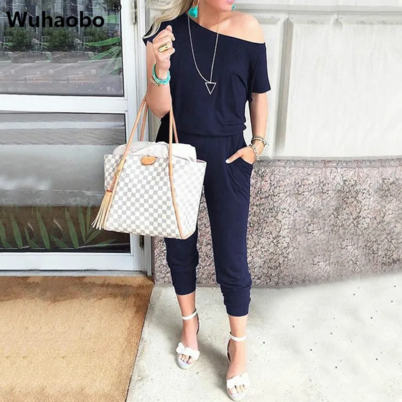 

Wuhaobo One Shoulder Womens Jumpsuits and Rompers 2019 Salopette Femme Summer Short Sleeve Tunic Overalls Body Femme 6 Colors