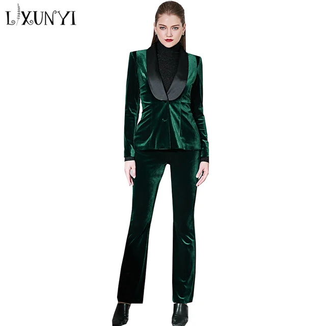 Cheap LXUNYI 2018 New Fall women 2 Piece Pant Suit Sets Velvet Work Wear Turn Down Collar Slim Ladies Two-piece Suits Elegant Outfit Cheap LXUNYI 2018 New Fall women 2 Piece Pant Suit Sets Velvet Work Wear Turn Down Collar Slim Ladies Two-piece Suits Elegant Outfit