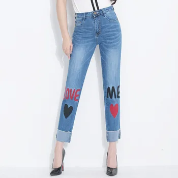 

2018 spring heart-shaped embroidery small straight pants New Women High Waist Embroidery Jeans Fashion Wome