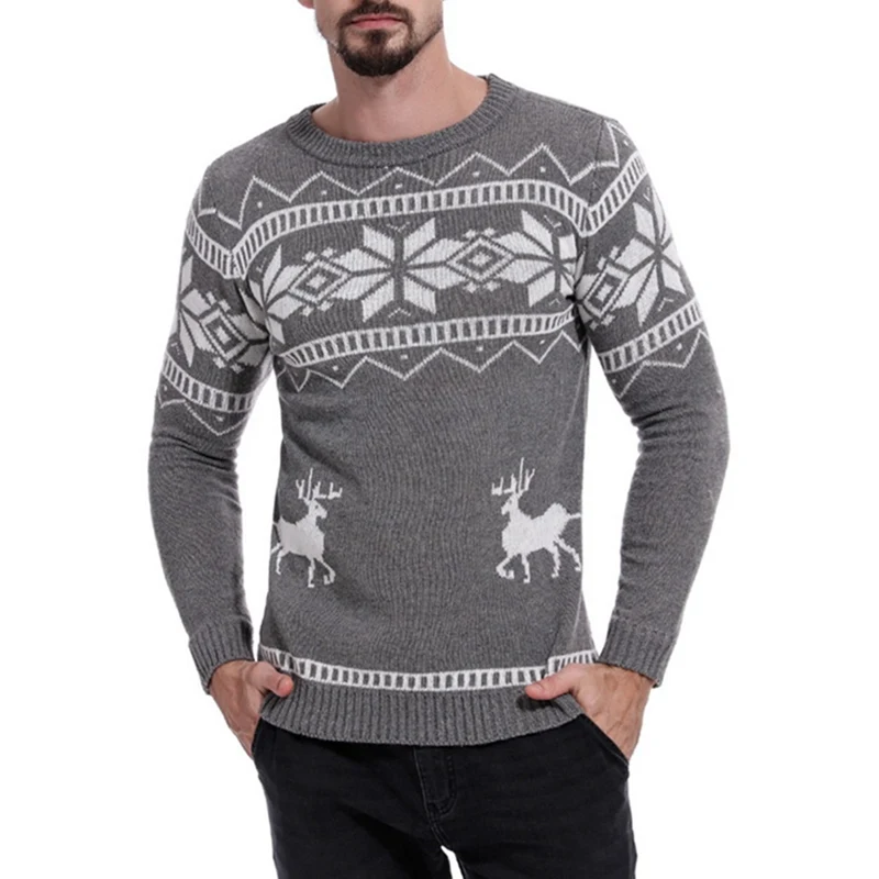 MoneRffi Mens Causal O Neck Sweater Deer Printed Autumn Winter Christmas Pullover Knitted Jumper Sweaters Slim Fit Male Clothes