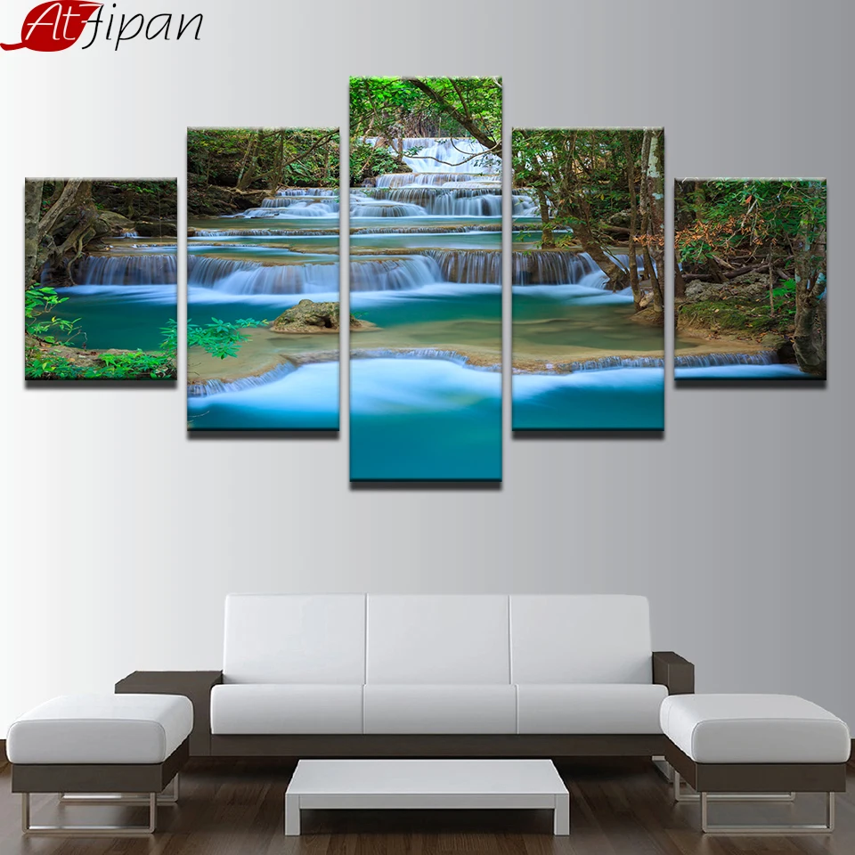 Framed Natural Landscape Lake Tree 5 Piece Canvas Wall Home Decor Poster Artwork