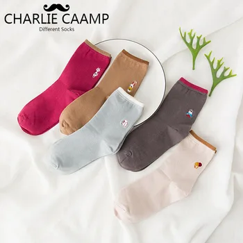 

5Pieces/lot Women Socks New Autumn Winter Simple Cartoon Animal Embroidery Ladies Fashion Trend Breathable Cotton Tube Sock S230