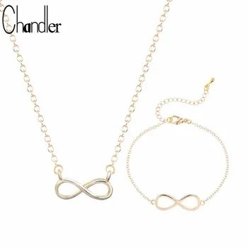 Chandler Silver Gold-color Endless 8 Shape Necklace & Bracelet For Women Love Promise Symbol Charm Fine Jewelry Set 2017 Gift