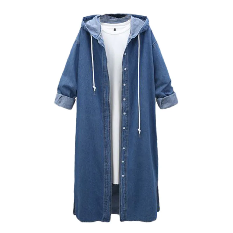 Occasionnel Shenlanse Manteau Vintage Taille Tranchée Casual Denim Long Bouton À Unique qianlanse 4xl Longues vent Cowboy Coupe Plus Femmes Manches Capuchon La S7EERw