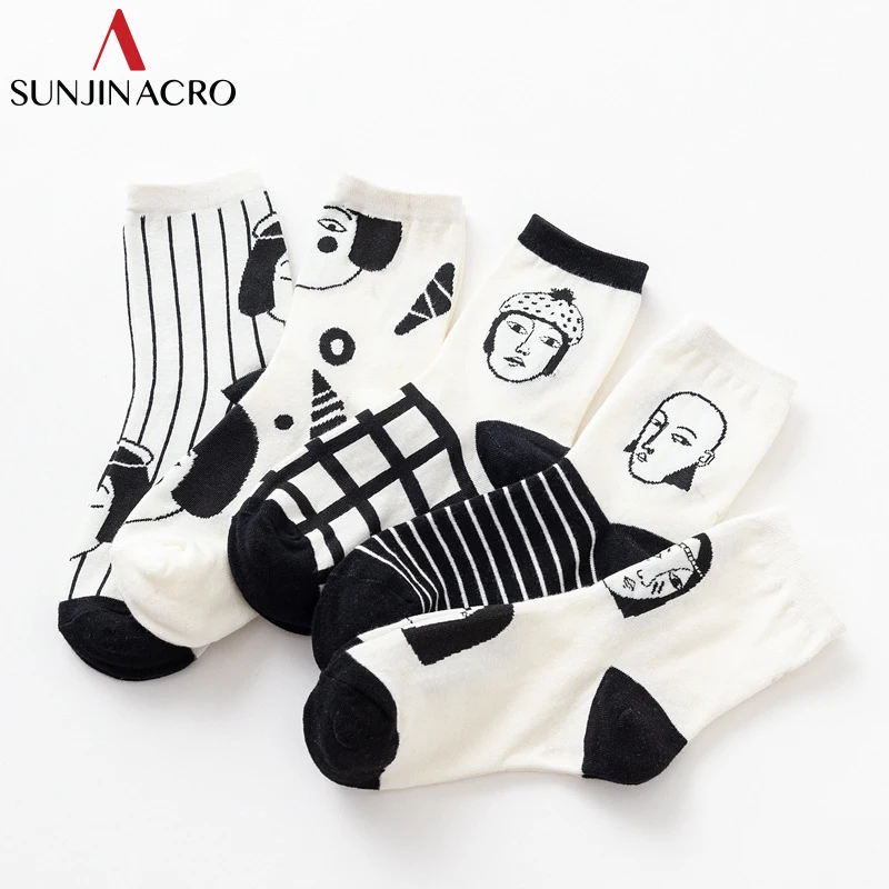 SUNJINACRO/5 пар, один комплект, женские забавные носки, корейский стиль, Janpan, модные носки с героями мультфильмов, белые, черные, в полоску, носки для скейтборда