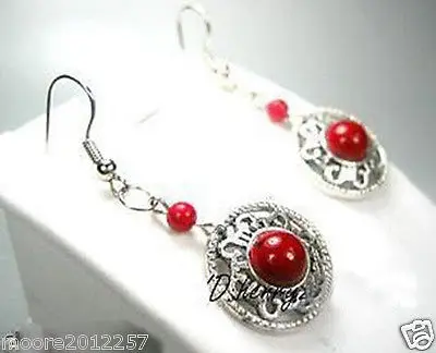 

Free Shipping >> charming Red coral inlay tibet silver earring